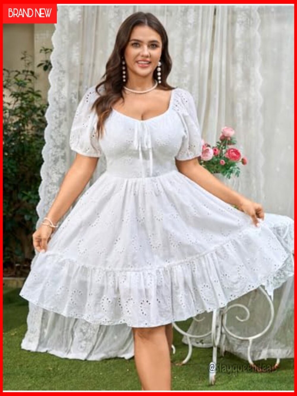 Women's Plus Size Summer Dress Sweetheart Neck Short Sleeve A Line Hollow Out - Picture 5 of 7